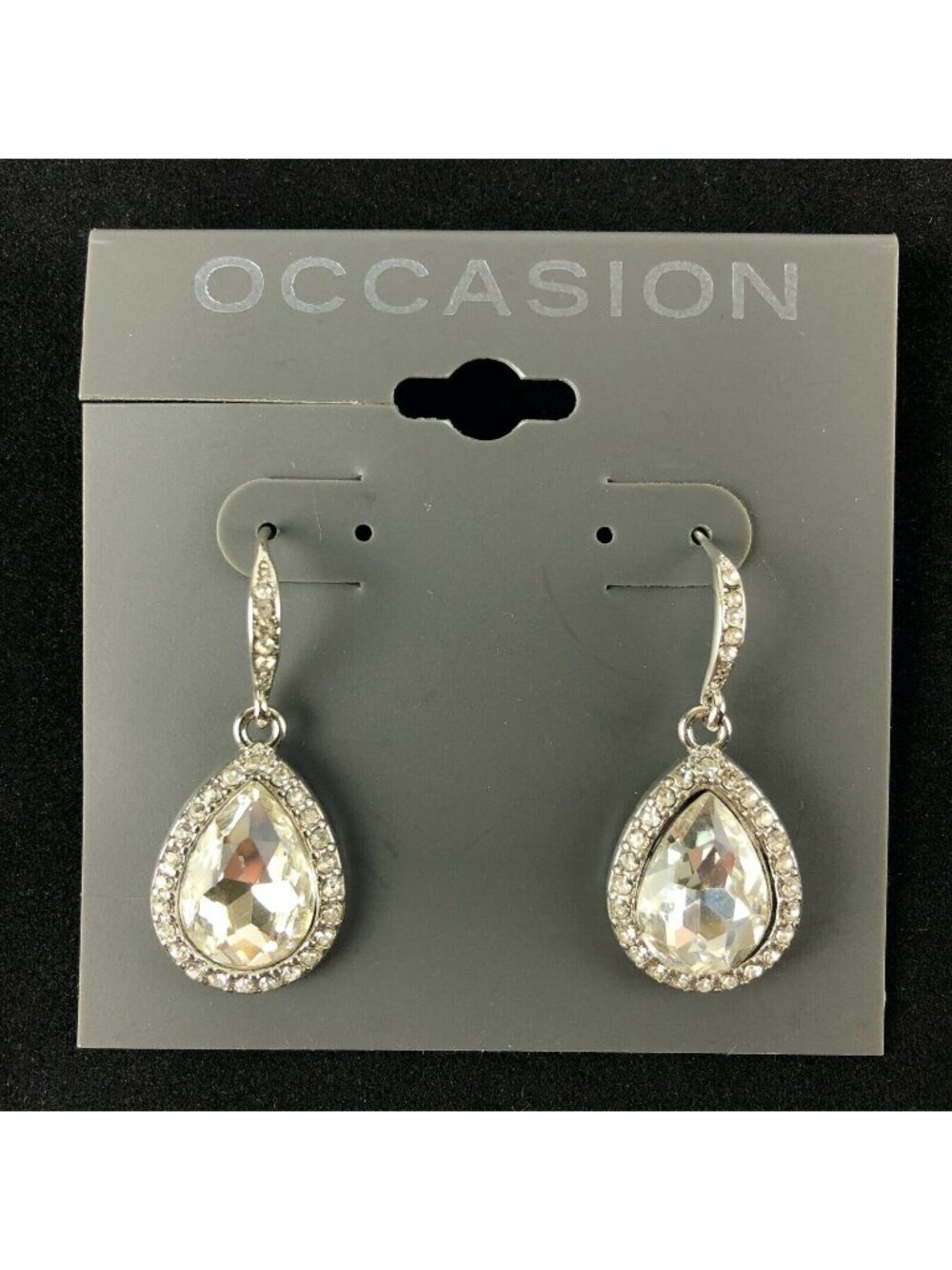 Occasion Earrings Rhinestone 1 3/8" Silver-tone Teardrops